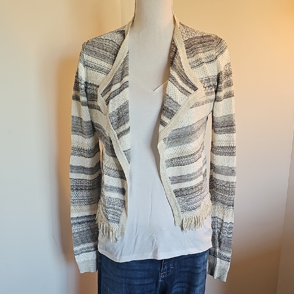White House Black Market Cream and Black Striped Cardigan